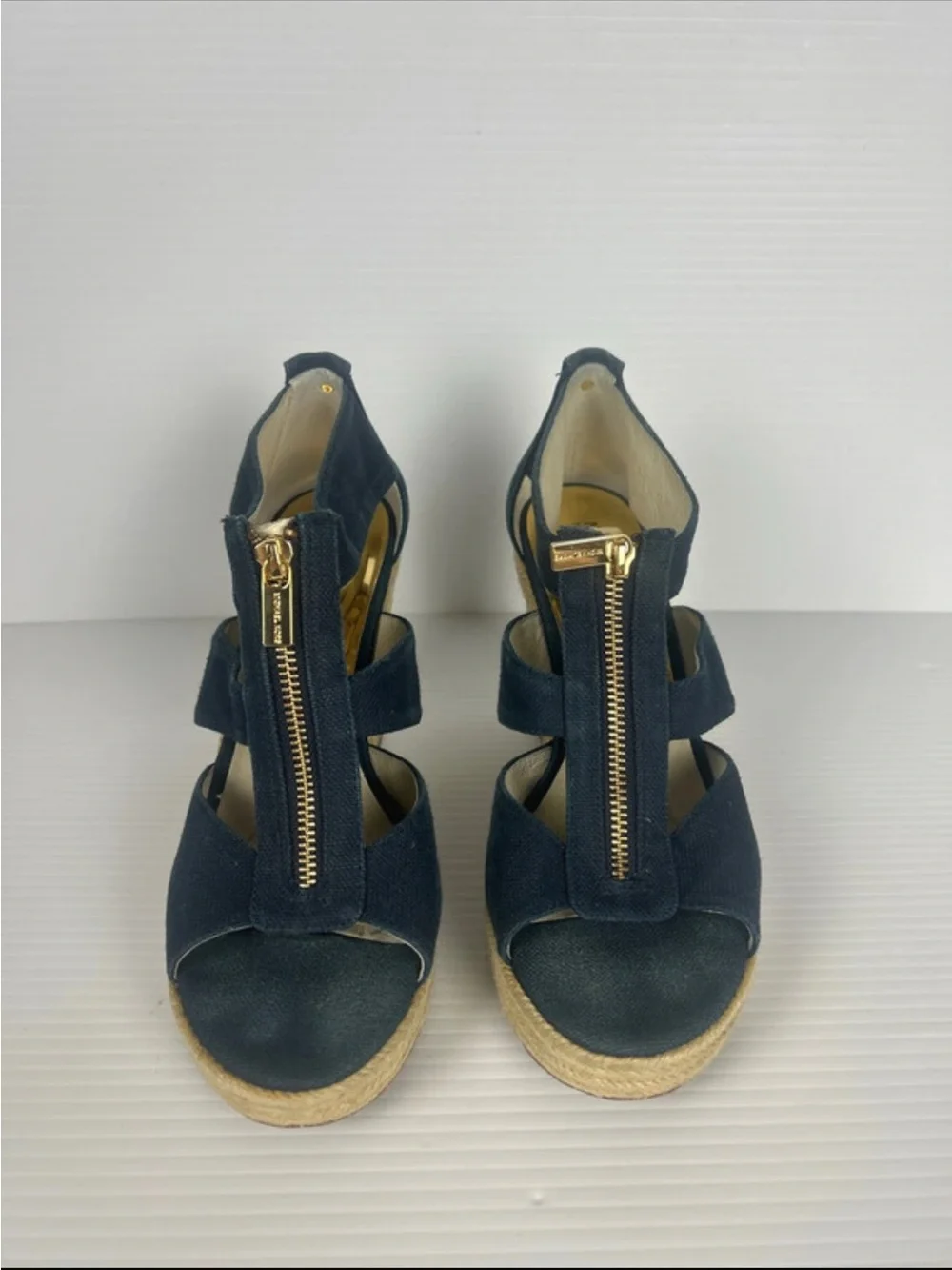 Michael Kors Navy Wedge Sandals with Gold Front Zipper